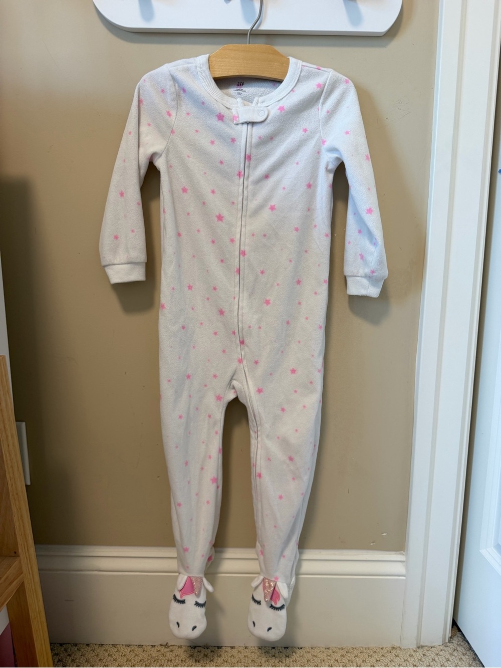White Unicorn Footed One-Piece with Pink Stars